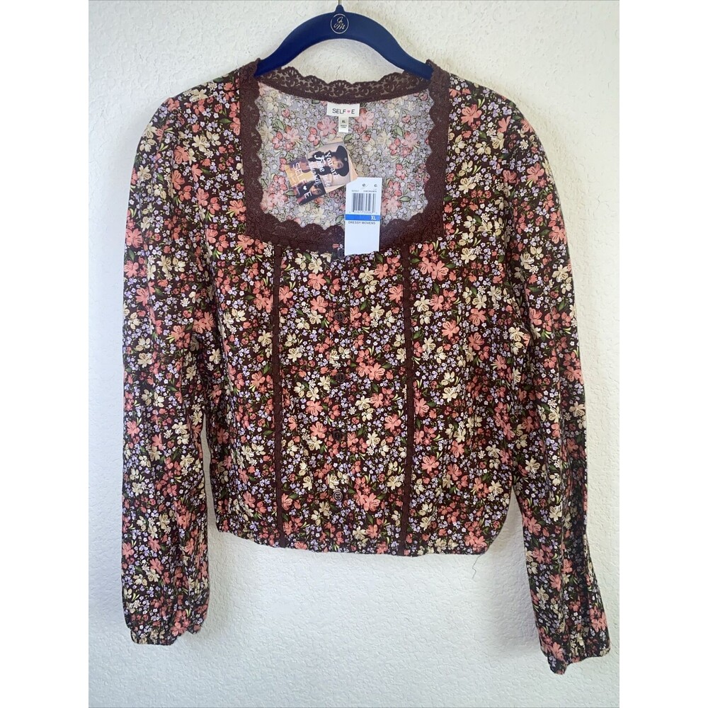 new baby doll crop blouse shirt Floral Hippie Lace XL western country LS